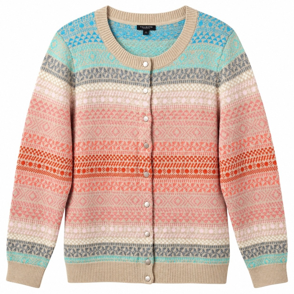 TALBOTS Woman Petites Lambswool/Mohair Blend Fair Isle Cardigan Sz 2XP Pastel